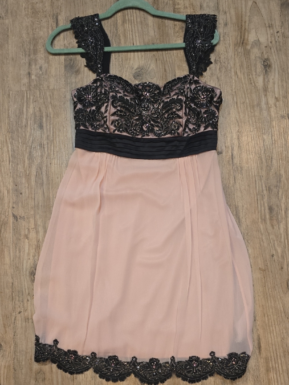 Sue Wong Pink Chiffon Dress with Black Beaded Lace